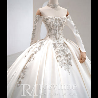 Off the Shoulder Long Sleeve Satin Wedding Dress with Puffy Skirt