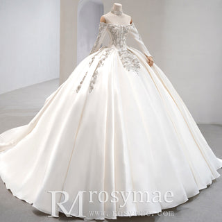 Off the Shoulder Long Sleeve Satin Wedding Dress with Puffy Skirt