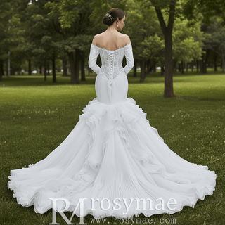 Off-Shoulder Long Sleeve Sheer Corset Mermaid Wedding Dress with Pleated Ruffle Skirt
