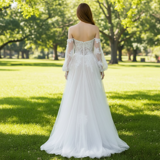 Off Shoulder Long Sleeve Boho Wedding Dress Bridal Gown