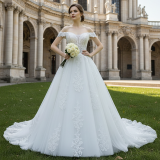 Off Shoulder Lace Tulle A-line Bridal Gown Wedding Dress Long Train