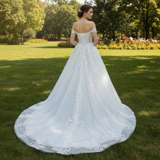 Off Shoulder Lace Tulle A-line Bridal Gown Wedding Dress Long Train