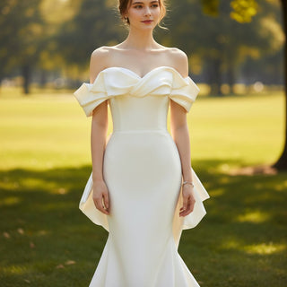 Off Shoulder Mermaid Wedding Dress with Long Bowknot - Rosymae