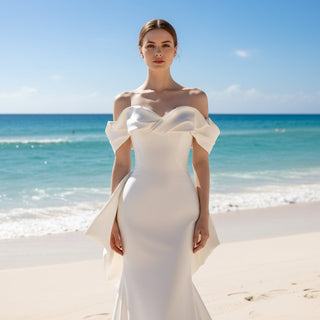 Off Shoulder Mermaid Wedding Dress with Long Bowknot - Rosymae