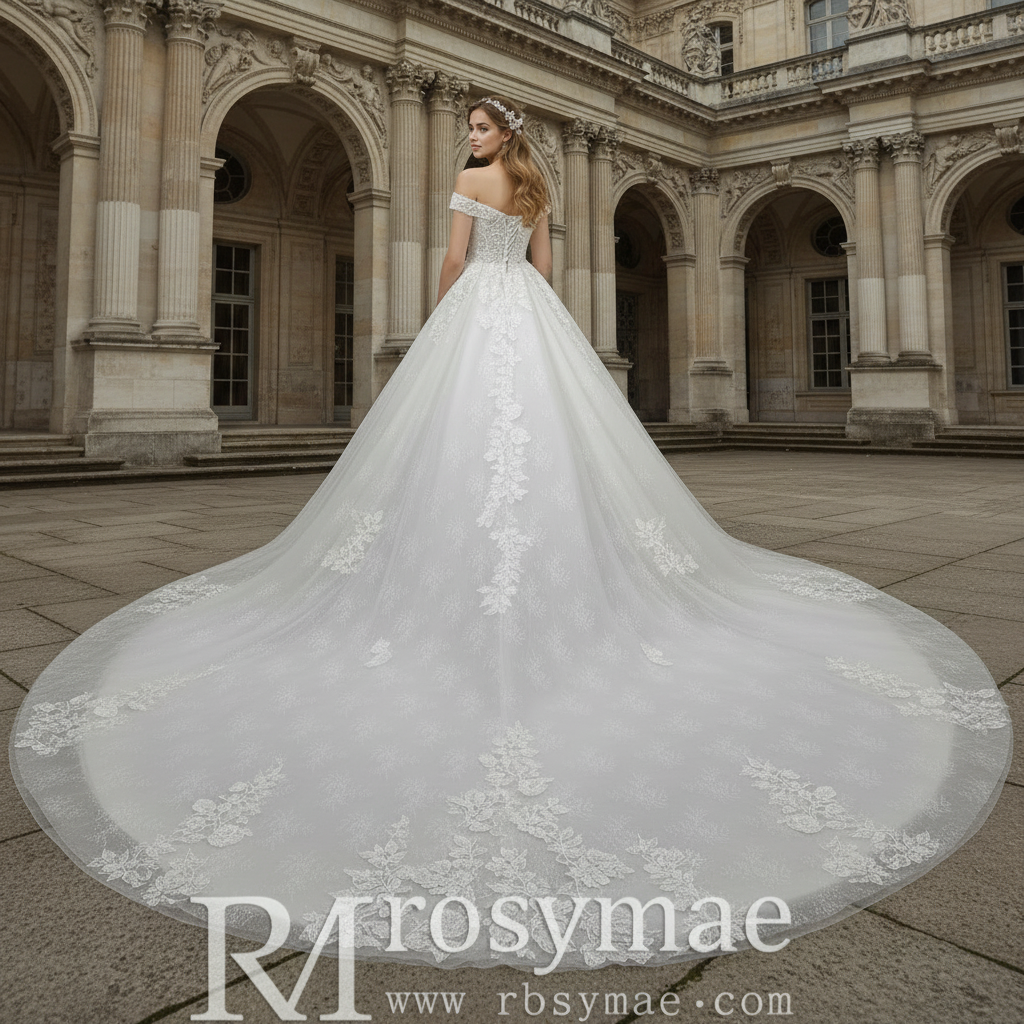 Elegant Off the Shoulder Mesh Wedding Dress with Sheer Bodice Rosymae Elegant Off the Shoulder Mesh Wedding Dress with Sheer Bodice Rosymae