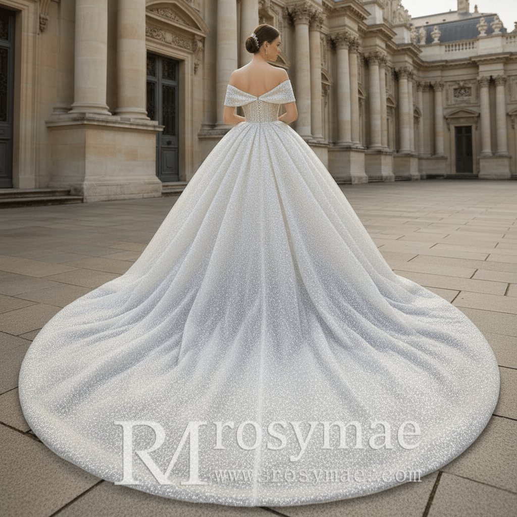 Off Shoulder Puff Skirt Ball Gown Sparkly Bridal Wedding Dress - Rosymae