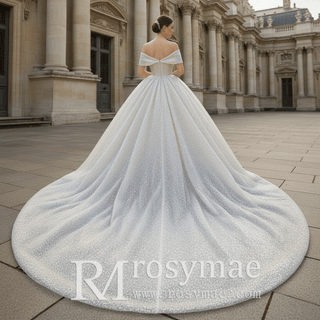 Off Shoulder Puff Skirt Ball Gown Sparkly Bridal Wedding Dress - Rosymae