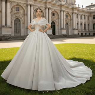 Off Shoulder Puff Skirt Ball Gown Sparkly Bridal Wedding Dress - Rosymae