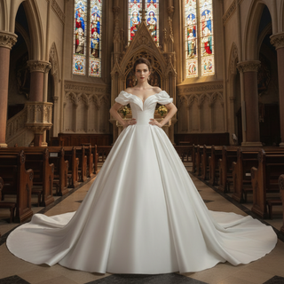 Off the Shoulder Ball Gown Satin Wedding Dress for Outdoor Wedding