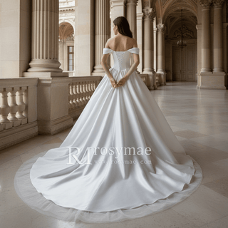 Off Shoulder Ruched Satin Ballgown Bridal Wedding Dresses - Rosymae
