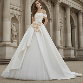Off Shoulder Ruched Satin Ballgown Bridal Wedding Dresses - Rosymae