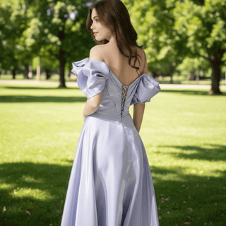 Off Shoulder Ruched Satin Evening Party Gown Wedding Guest Dress - Rosymae