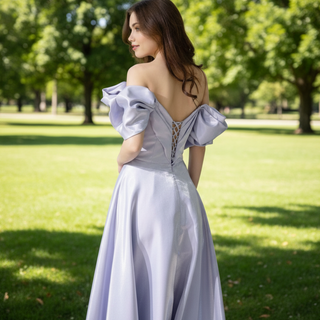 Vestido de fiesta de noche de satén fruncido con hombros descubiertos Vestido de invitados de boda