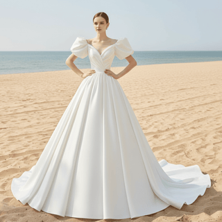 Off Shoulder Ruched Wedding Dress with Ball Gown A-line Skirt - Rosymae
