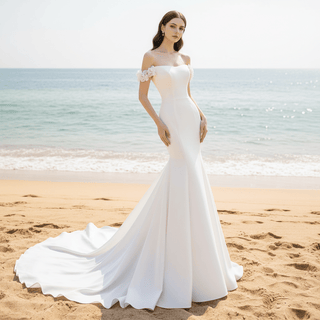 Off-Shoulder Satin Mermaid Wedding Dress Bridal Gown for Bride - Rosymae