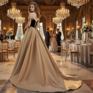 Short Sleeve Off Shoulder Coffee Satin Prom Dress Party Gown