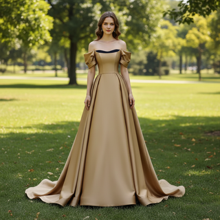 Short Sleeve Off Shoulder Coffee Satin Prom Dress Party Gown