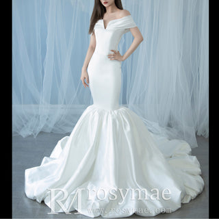 Strapless Vneck Trumpet Satin Wedding Dress Mermaid with Off Shoulder