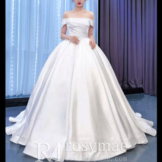 Off Shoulder Satin Wedding Gown Simple Classy Wedding Dress - Rosymae