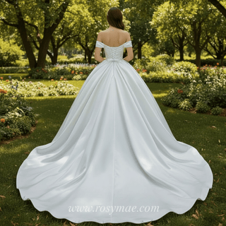 Off Shoulder Satin Wedding Gown Simple Classy Wedding Dress - Rosymae