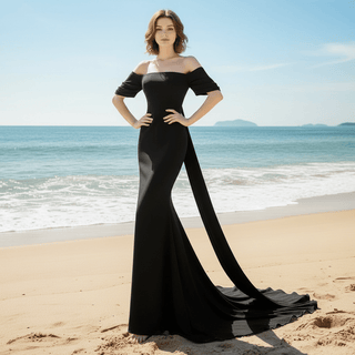 Off Shoulder Sheath Mermaid Black Wedding Dress - Rosymae