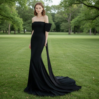 Off Shoulder Sheath Mermaid Black Wedding Dress - Rosymae