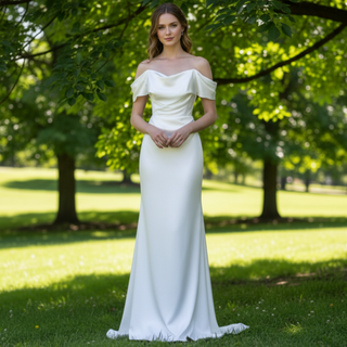 Elegant Off the Shoulder Sheath Wedding Dress with Brush Train