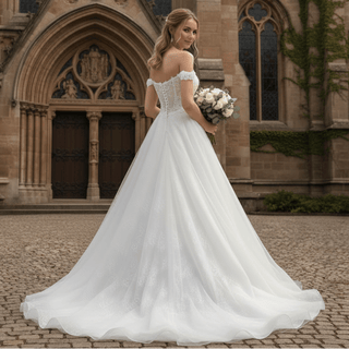 Off Shoulder Sheer Bodice Beaded A-line Wedding Dress with 3D Flower - Rosymae