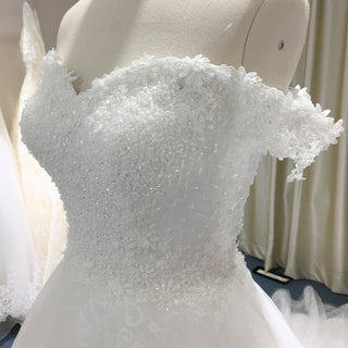Off Shoulder Sheer Bodice Beaded A-line Wedding Dress with 3D Flower - Rosymae