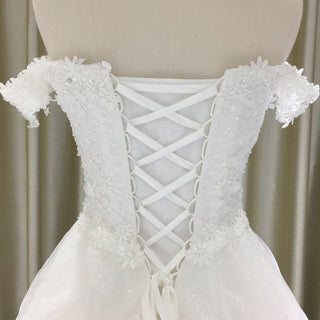 Off Shoulder Sheer Bodice Beaded A-line Wedding Dress with 3D Flower - Rosymae