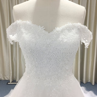 Off Shoulder Sheer Bodice Beaded A-line Wedding Dress with 3D Flower - Rosymae