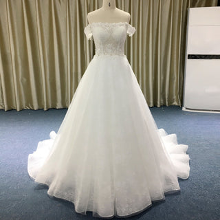 Off Shoulder Sheer Bodice Beaded A-line Wedding Dress with 3D Flower - Rosymae