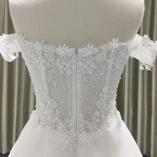 Off Shoulder Sheer Bodice Beaded A-line Wedding Dress with 3D Flower - Rosymae