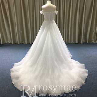 Off Shoulder Sheer Bodice Beaded A-line Wedding Dress with 3D Flower - Rosymae