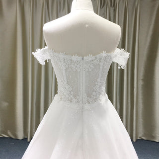 Off Shoulder Sheer Bodice Beaded A-line Wedding Dress with 3D Flower - Rosymae