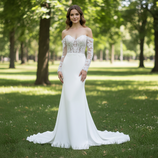 Off Shoulder Long Sleeve Satin Bridal Gowns Wedding Dresses