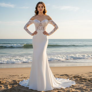 Off Shoulder Long Sleeve Satin Bridal Gowns Wedding Dresses