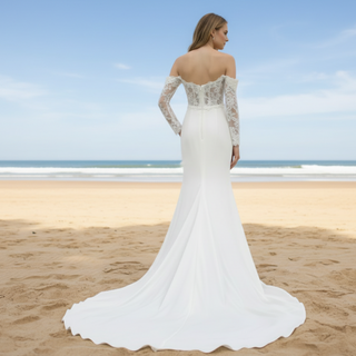 Off Shoulder Long Sleeve Satin Bridal Gowns Wedding Dresses