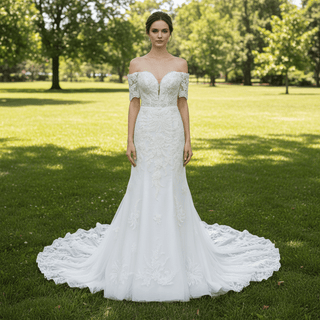 Off Shoulder Short Sleeve Mermaid Wedding Dress With V Neckline - Rosymae