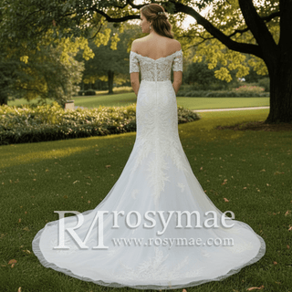 Off Shoulder Short Sleeve Mermaid Wedding Dress With V Neckline - Rosymae