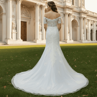 Off Shoulder Short Sleeve Mermaid Wedding Dress With V Neckline - Rosymae
