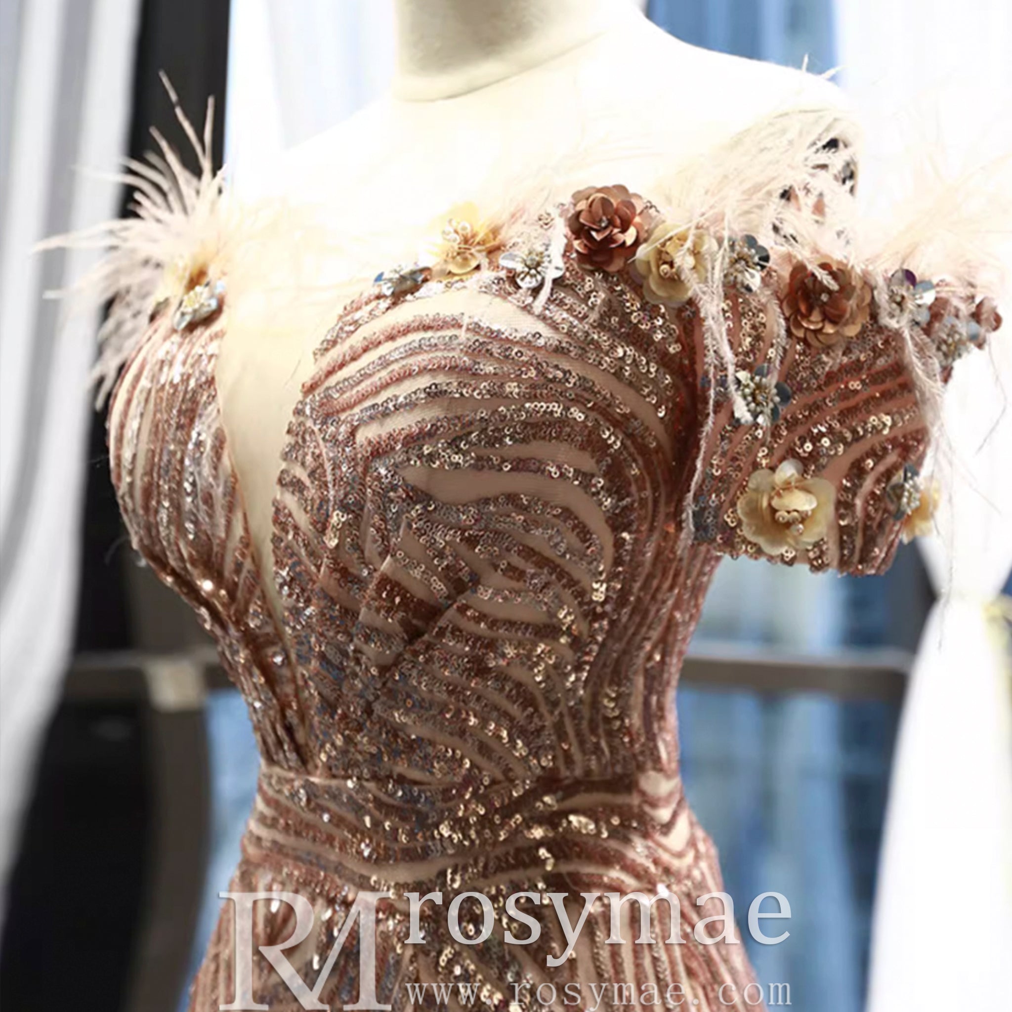 Sparkly Sequin Mermaid Prom Dress Brown Feather Pageant Gown Rose Gold / 8 Sparkly Sequin Mermaid Prom Dress Brown Feather Pageant Gown Rose Gold / 8