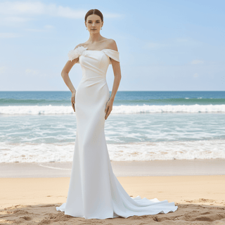 Off Shoulder Simple Mermaid Wedding Dress with Handmade Flowers - Rosymae