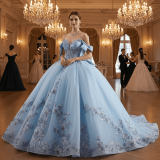 Off-Shoulder Sky Blue Quinceanera Dress with Bow-Knot & 3D Floral Appliqués - Rosymae