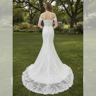 Elegant Mermaid Sheer Lace Off Shoulder Wedding Dress With Slit
