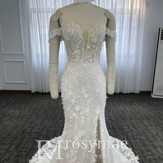 Mermaid Sheer Lace Off Shoulder Wedding Dress With Slit