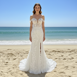 Elegant Mermaid Sheer Lace Off Shoulder Wedding Dress With Slit