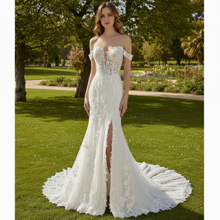 Elegant Mermaid Sheer Lace Off Shoulder Wedding Dress With Slit