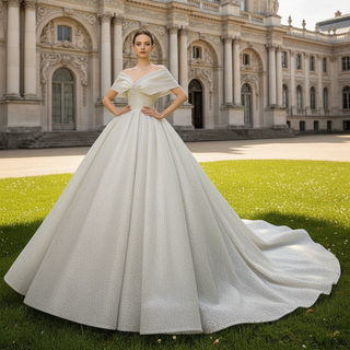 Off Shoulder Puff Skirt Ball Gown Sparkly Bridal Wedding Dress