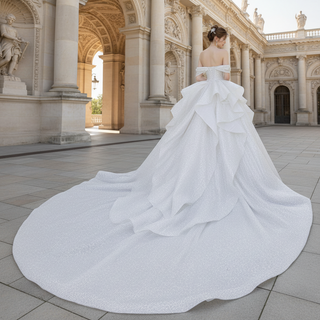 Off Shoulder Sparkly Ballgown Bridal Wedding Dress Long Train